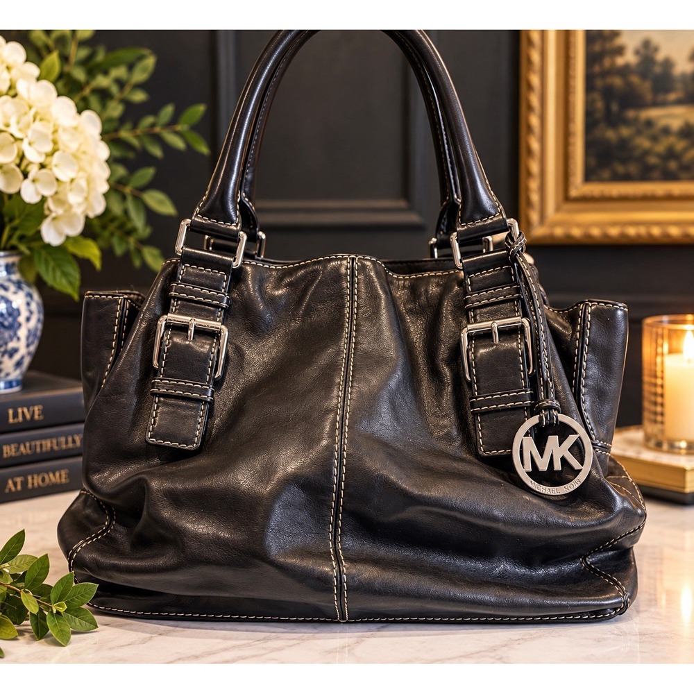 Michael Kors Black Leather Satchel Top Handle Bag Silver Hardware A-0807